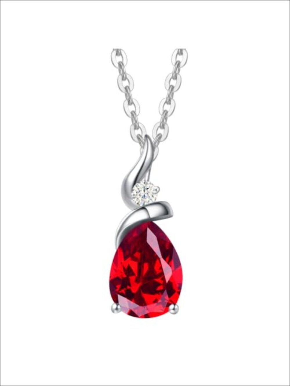 14K Solid White Gold Pear Ruby Pendant Necklace with Lab Diamond, Sterling